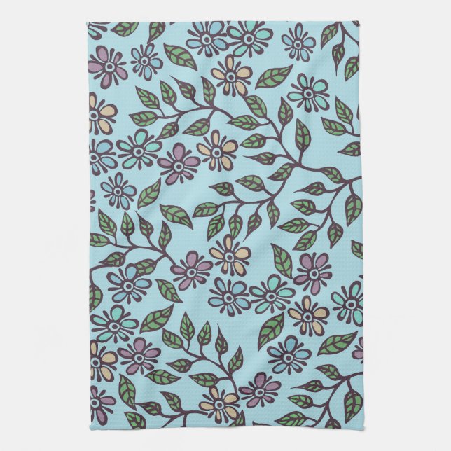 Tea Towel Light BlueFloral with Multicolor Pastel (Vertical)