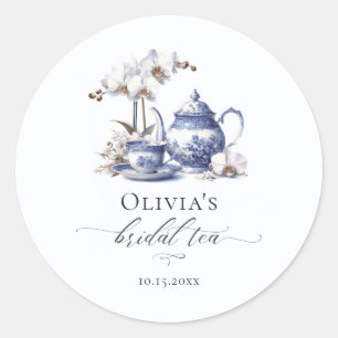 Tea White Orchid Hampton Blue Toile Bridal Shower Classic Round Sticker