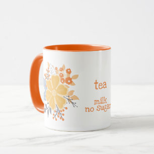 Tea with Milk Please Orange Grey Flowers Mug