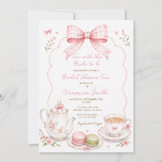 Tea with the Bride Pink Bow Bridal shower Invitation (Front)