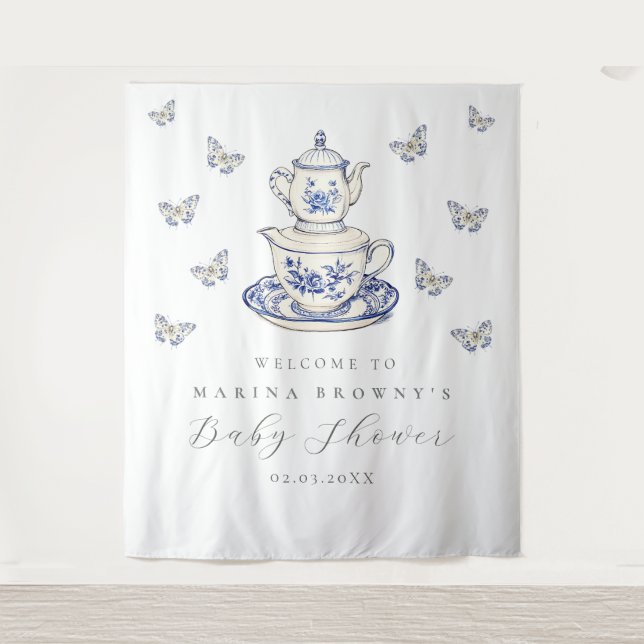 Tea with The Mom Baby Shower Photo Backdrop Sign Tapestry (Front)