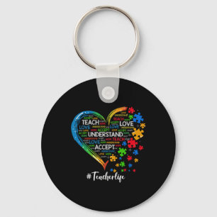 Teach Accept Understand Love Teacher Heart Autism  Keychain