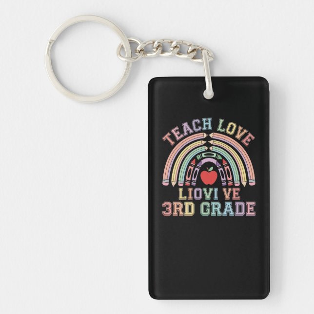 Teach Love 3rd Grade Teacher ID Badge Keychain (Front)