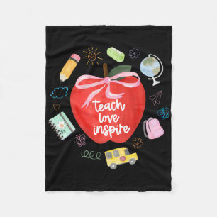 Teach Love Inspire Teacher Coquette Bow Apple Back Fleece Blanket