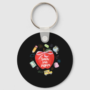 Teach Love Inspire Teacher Coquette Bow Apple Back Keychain