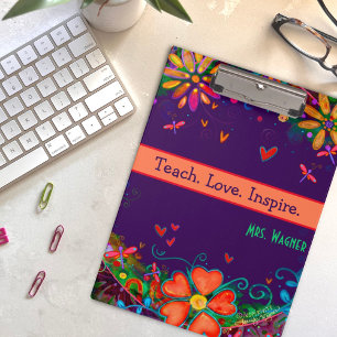 Teach Love Inspire Teacher Floral Colorful Quote  Clipboard