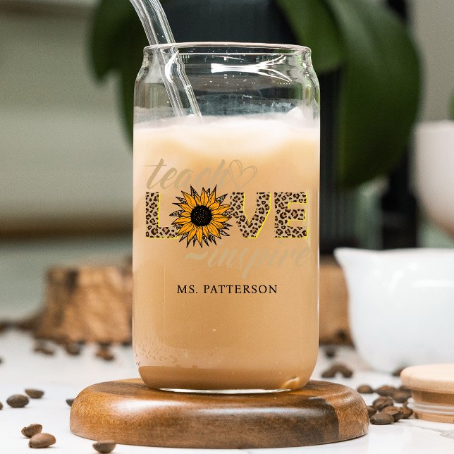 Teach Love Inspire Teacher Sunflower Modern Name Can Glass (Creator Uploaded)