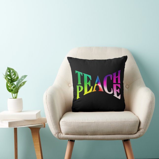 TEACH PEACE Rainbow Graphic On Black Throw Pillow (Chair)