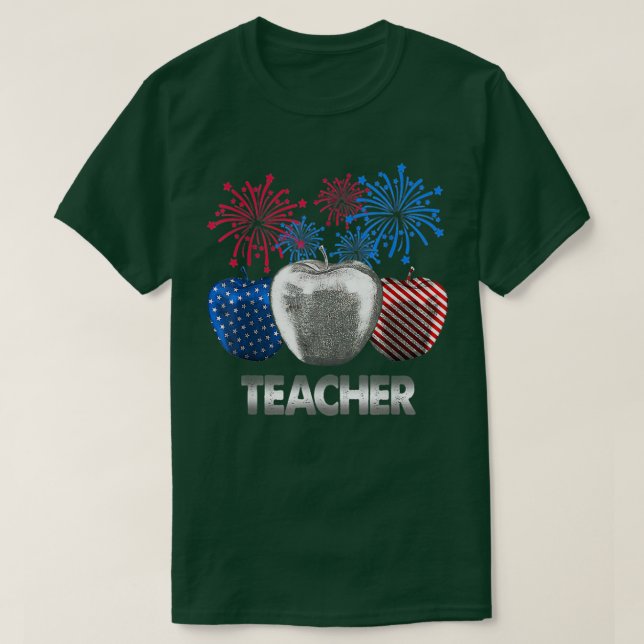 Teacher Apple Firework American Flag T-Shirt (Design Front)