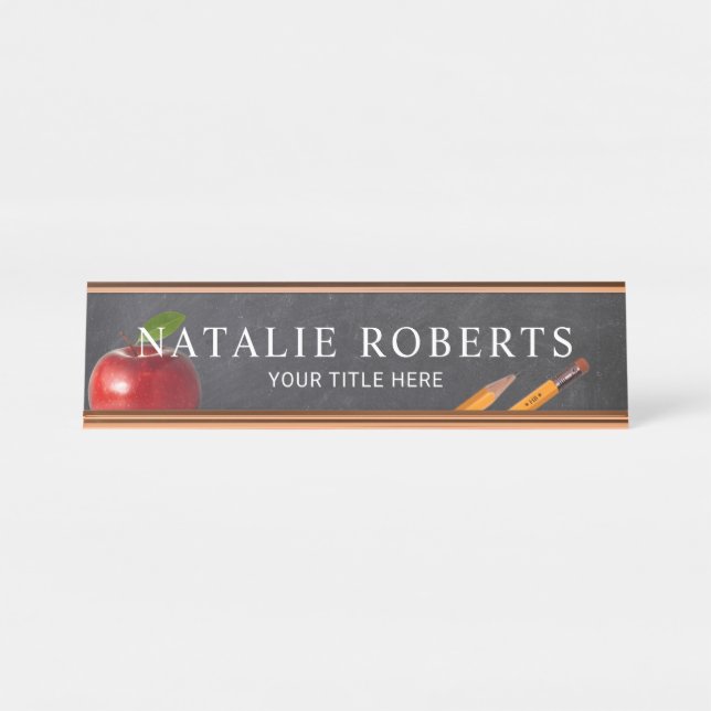 Teacher Apple & Pencils Chalkboard Desk Name Plate (Front)