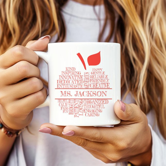 Teacher Apple Typography Red and White Two-Tone Coffee Mug (Creator Uploaded)