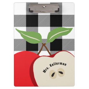 Teacher Apple White Buffalo Plaid Monogrammed Name Clipboard