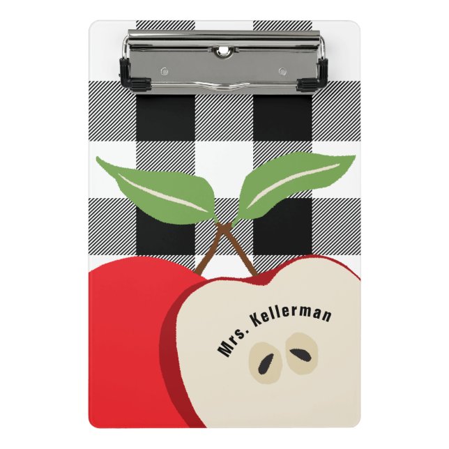 Teacher Apple White Buffalo Plaid Monogrammed Name Mini Clipboard (Front)