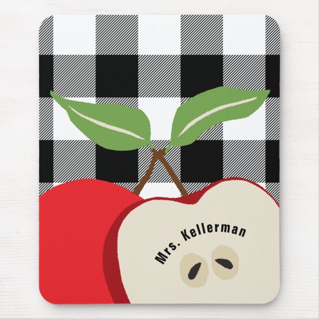 Teacher Apple White Buffalo Plaid Monogrammed Name Mouse Pad (Front)