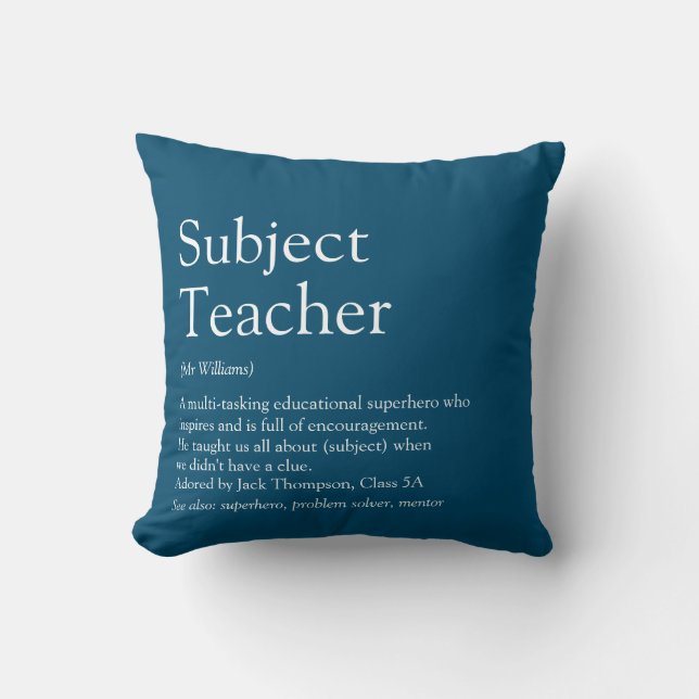 Teacher Appreciation Definition Typographic Blue Throw Pillow (Front)