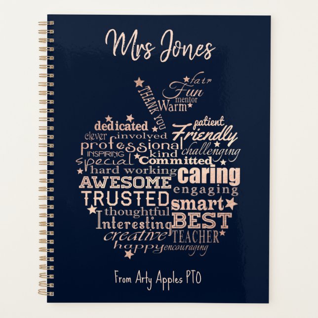 Teacher appreciation gift gold glitter heart tree planner (Front)