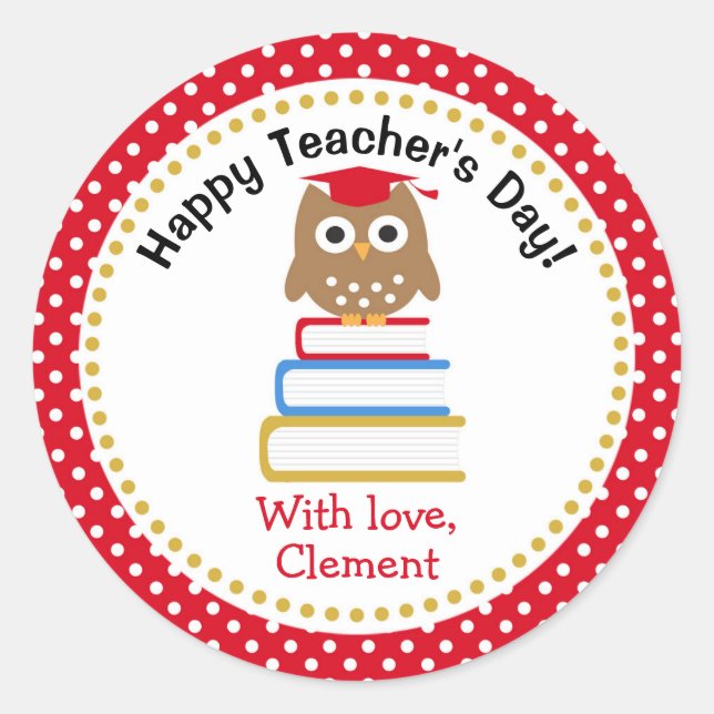 Teacher Appreciation Gift Personalized (Red Owl) Classic Round Sticker (Front)