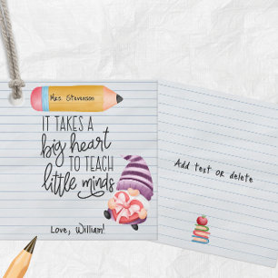 Teacher Appreciation Gnome With Heart Favour Tags