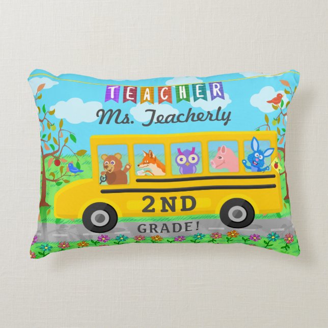 Teacher Appreciation Thank You | Cute Bus Animals Decorative Pillow (Front)