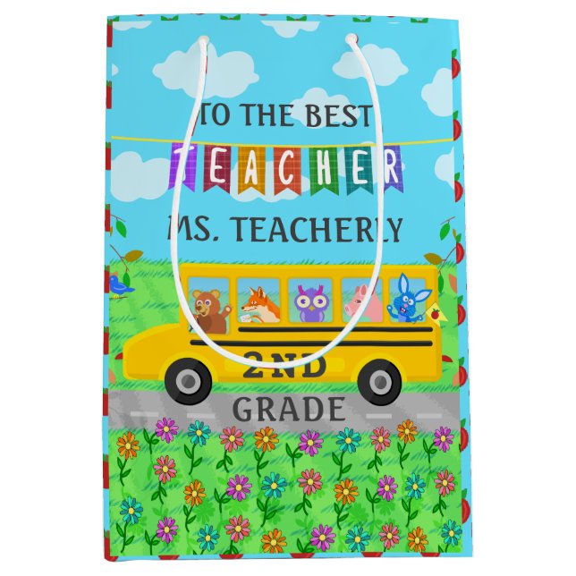 Teacher Appreciation Thank You | Cute Bus Animals Medium Gift Bag (Front)