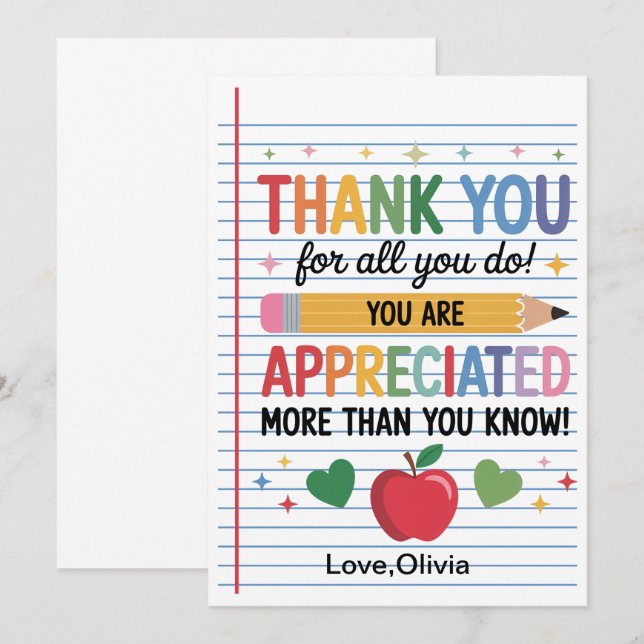 Teacher Appreciation Week  – Heartfelt Gratitude Thank You Card (Front/Back)