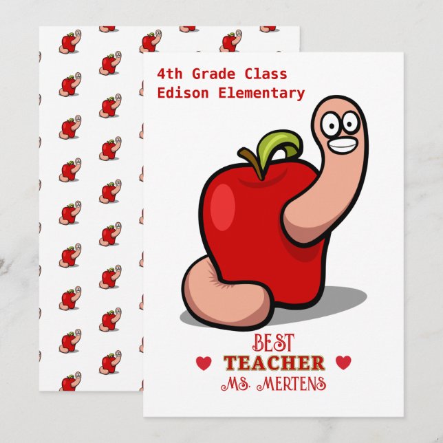 Teacher Appreciation Worm in Apple Add Name Thank You Card (Front/Back)