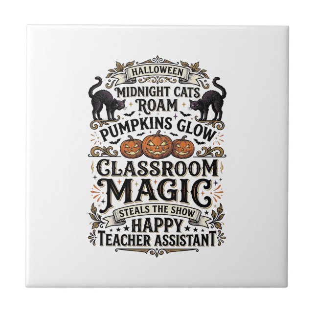 Teacher Assistant Halloween Shirt with Black Cats  Tile (Front)