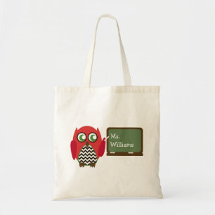 Teacher Bag - Black Chevron Red Owl At Chalkboard