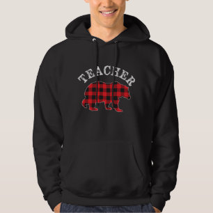 TEACHER Bear RED Black Buffalo Plaid Mama Chequere Hoodie