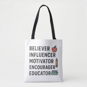 TEACHER Believer Influencer Motivator Encourager  Tote Bag