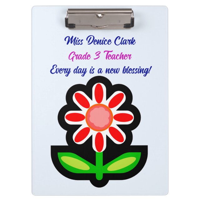 Teacher Blue Pink Clipboard with Red Flower (Front)