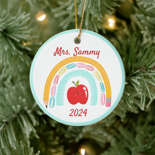 Teacher Boho Rainbow School Custom Christmas gift Ceramic Ornament (Tree)