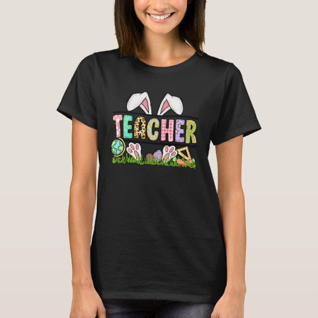Teacher Bunny Ears Leopard Pink Plaid Rabbit Eggs  T-Shirt (Front)