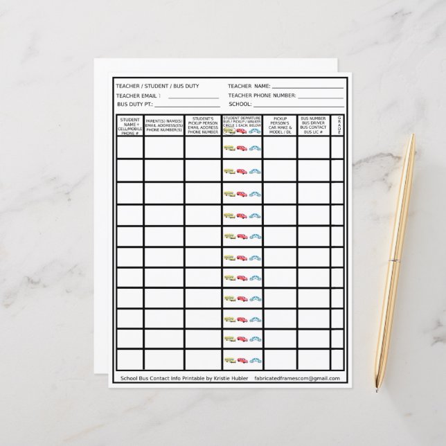 Teacher Bus Duty Driver Pickup Student List (Front/Back In Situ)
