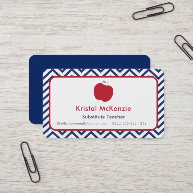 Teacher Business Cards Navy Blue Chevron & Apple (Front/Back In Situ)