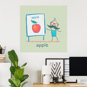 Teacher Cartoon Apple Fun Learning Alphabet Art Poster