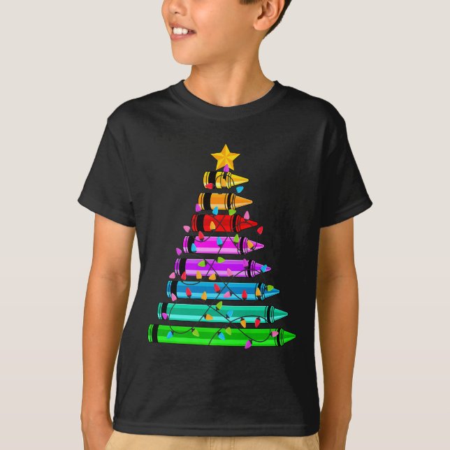 Teacher Christmas Crayon Tree Student Pajama Chris T-Shirt (Front)