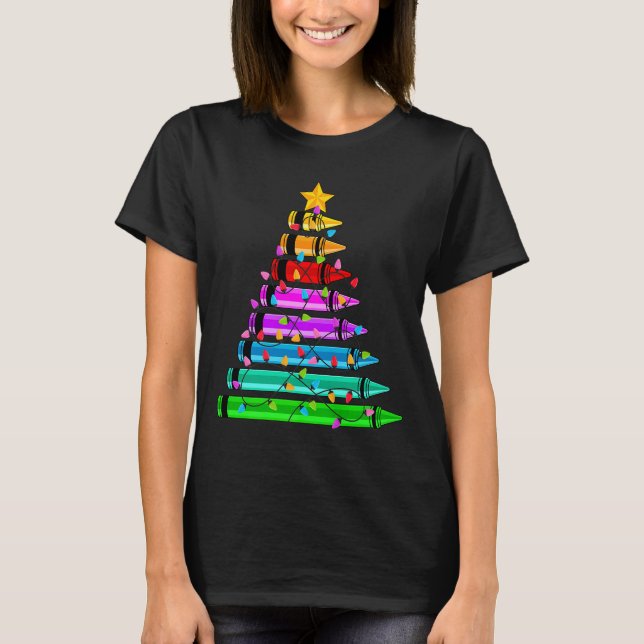 Teacher Christmas Crayon Tree Student Pajama Chris T-Shirt (Front)