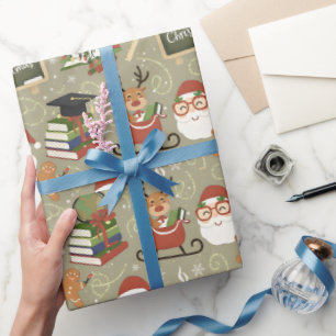 Teacher Christmas Cute Reindeer Santa School Wrapping Paper