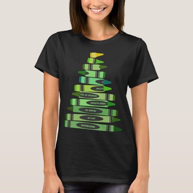 Teacher Christmas Gift Crayon Tree T-Shirt (Front)