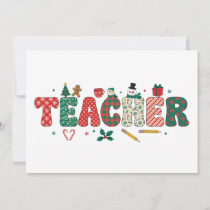 Teacher Christmas Plaid Letters Pencil Gingerbread Invitation