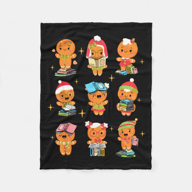 Teacher Christmas Reading Book Gingerbread Man Boo Fleece Blanket (Front)