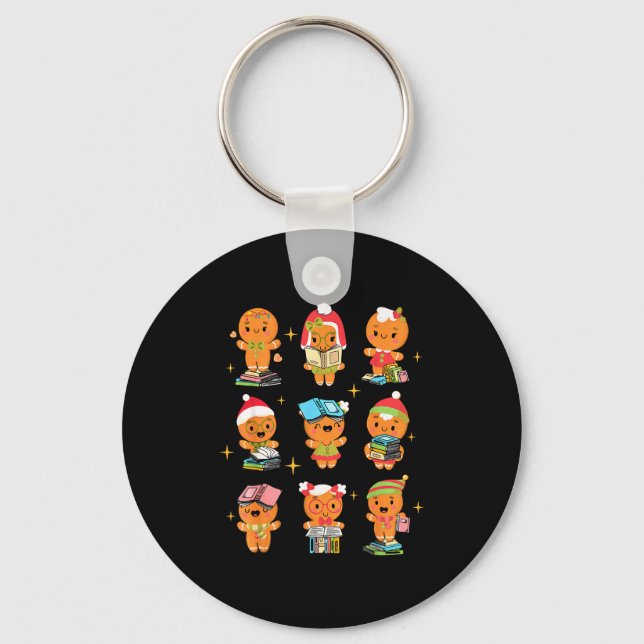 Teacher Christmas Reading Book Gingerbread Man Boo Keychain (Front)