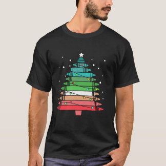 Teacher Christmas Tree Crayons Xmas Lights School T-Shirt