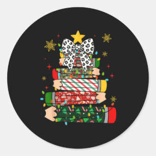 Teacher Christmas Tree Lights Pencil Leopard Print Classic Round Sticker