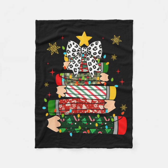 Teacher Christmas Tree Lights Pencil Leopard Print Fleece Blanket (Front)