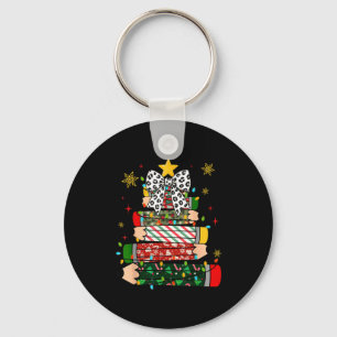 Teacher Christmas Tree Lights Pencil Leopard Print Keychain