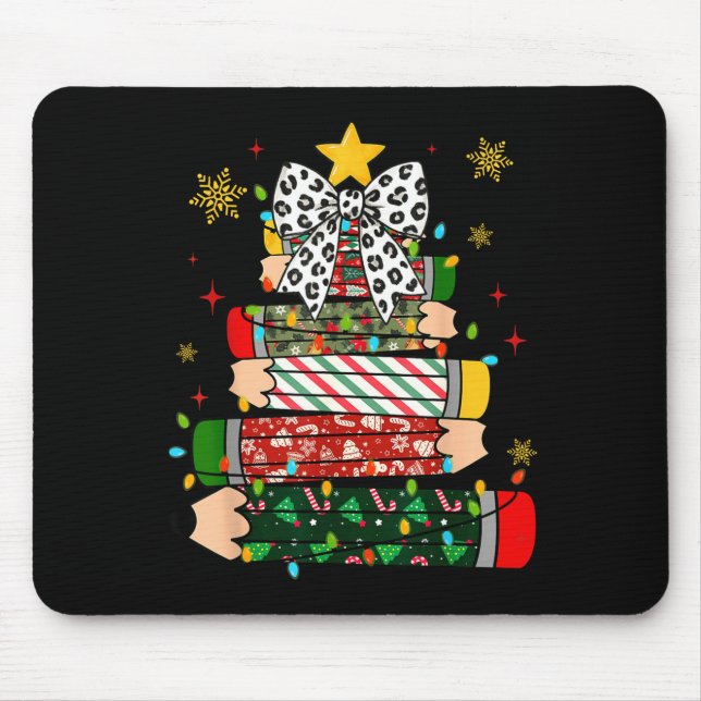 Teacher Christmas Tree Lights Pencil Leopard Print Mouse Pad (Front)