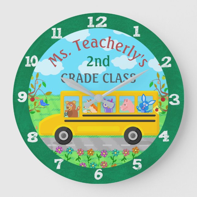 Teacher Classroom Cute Animals on Bus Custom Name Large Clock (Front)