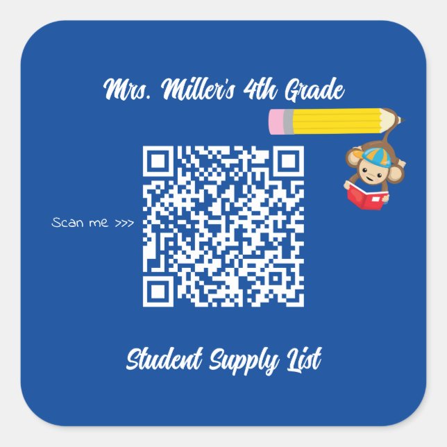 Teacher Classroom Supply List QR Code Monkey Square Sticker (Front)